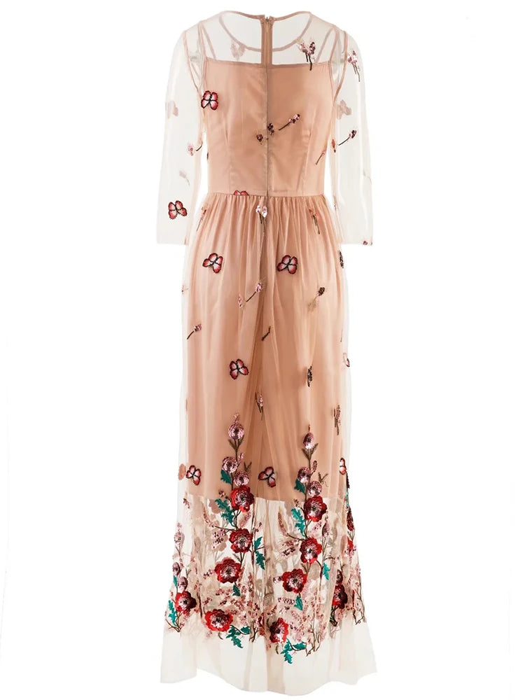 Zaria Floral Embroidery Vintage Party Long Dress