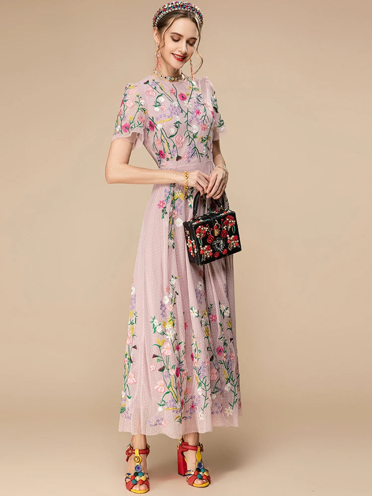 Sylvie Pink Mesh Flowers Embroidery Vintage Party Long Dress