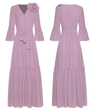 Load image into Gallery viewer, Mirabel V-Neck Flare Sleeve Appliques Belt Solid color Elegant Party Midi Dress