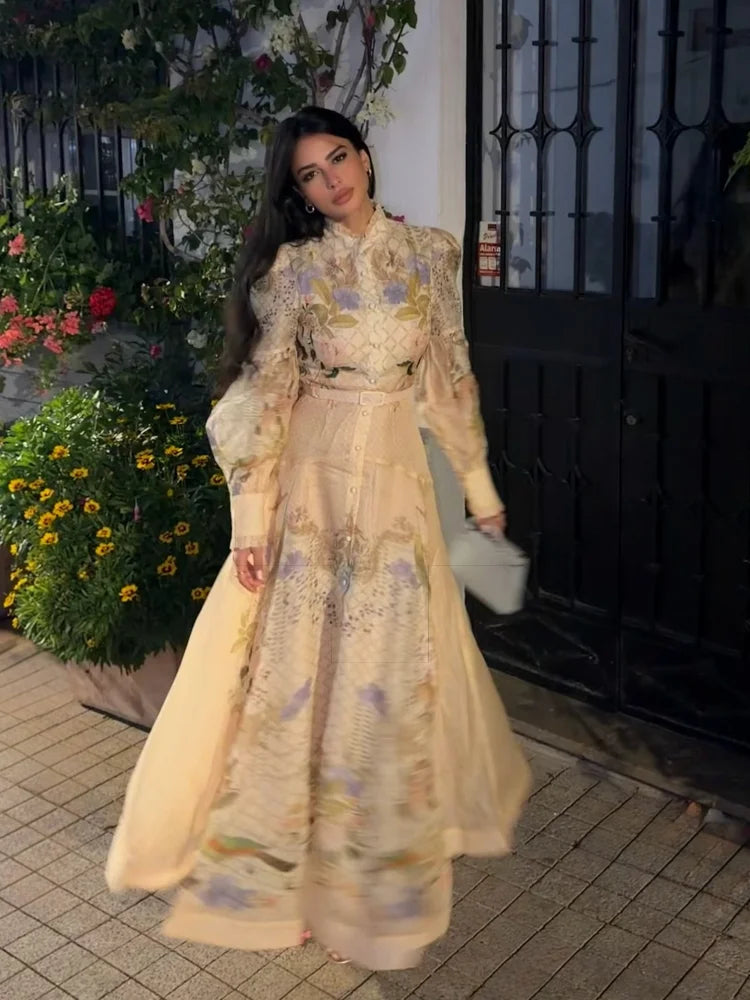 Fiona Floral Print Button Down Mock Neck Maxi Long Lantern Sleeve Dress