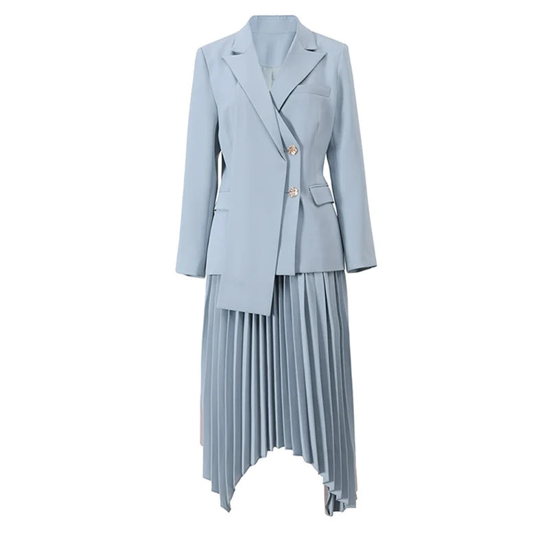 Alaina Two Piece Set For Women Irregular Long Sleeve Blazers Coat Asymmetric Contrast Color Pleated Skirt