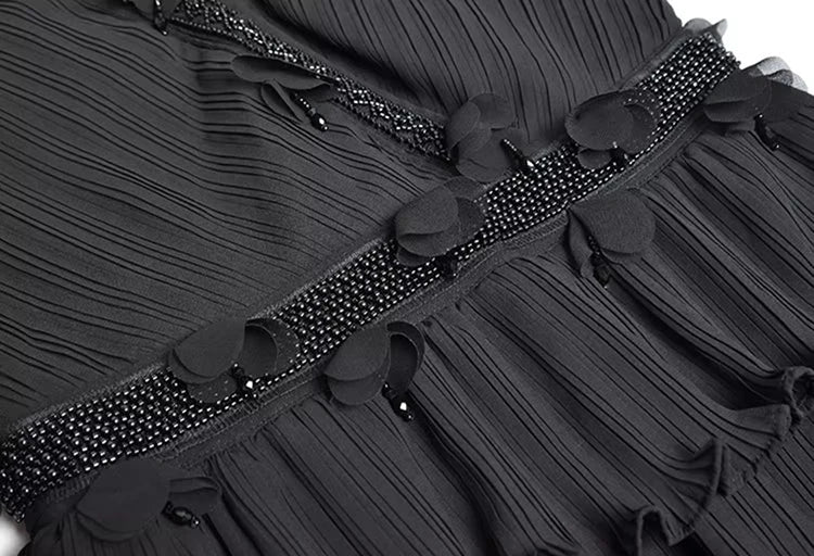 Halimah  V-Neck Short Sleeves Beading Ruffles Black Vintage Party Dress