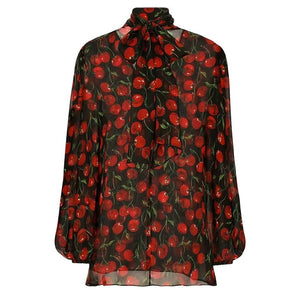 100% Silk Blouses Lace-up Collar Lantern Sleeve Cherry Print Shirt