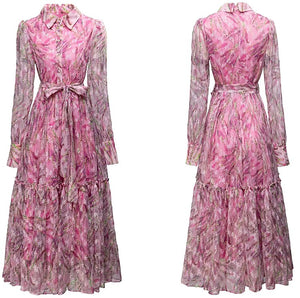 Allison Mesh Long Sleeve Belt Ruffle Vintage Print Long Dress