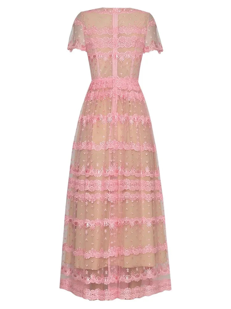 Briar O-Neck Short Sleeve Water-Soluble Flower Patchwork Vintage Dress
