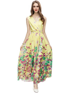 Rylie Early Autumn Maxi Dress Women V-Neck Sleeveless Dress + Long Cloak Vintage Floral Print 2 Pieces Set