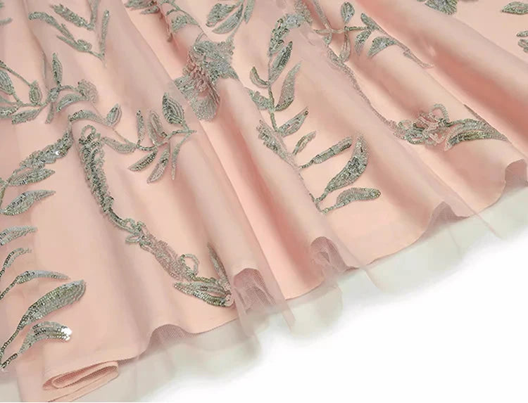 Aislynn O-Neck Lantern Sleeve Sequins Flowers High Waist Vintage Dress