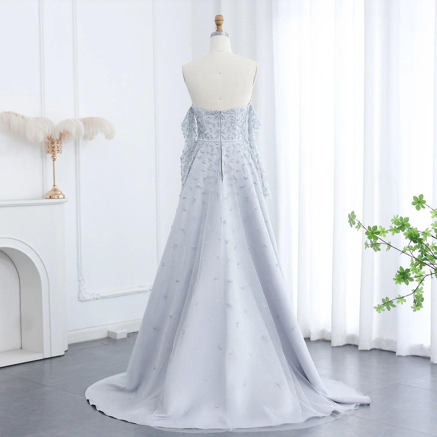 Kira Silver Gray Luxury Dubai Evening Dress with Overskirt Sleeves