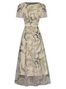 Scottie O-Neck Short Sleeve Belt Mesh Embroidery Floral Vintage Midi Dress