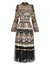 Load image into Gallery viewer, Joyce Mesh O-Neck Lantern Sleeve Floral Embroidery Black Vintage High Waist Dress