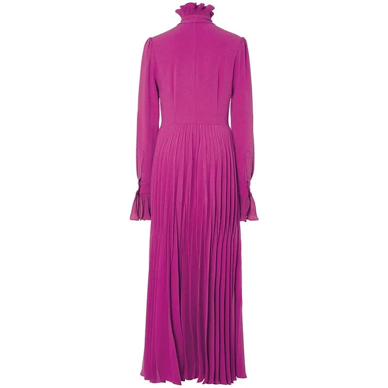 Alexa Fuchsia Vintage Pleated Dress Women Ruffle Collar Long Sleeve Frenulum High Waist Slim Long Dress