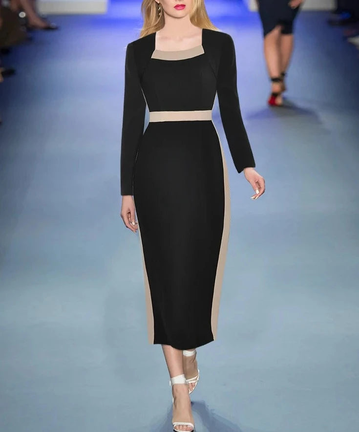 Tiffany Hit Color Dress Women's Square Collar High Waist Package Buttocks Slit Slim Long Dress