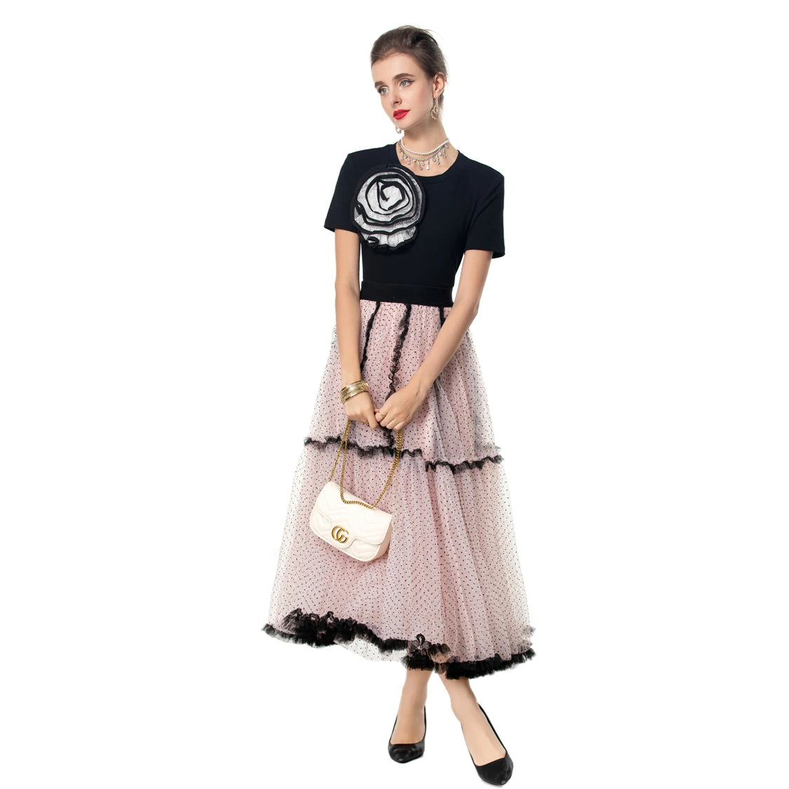 Berkley Two Piece Sets O Neck Short Sleeves Appliques Blouse with Layered Tull Skirts