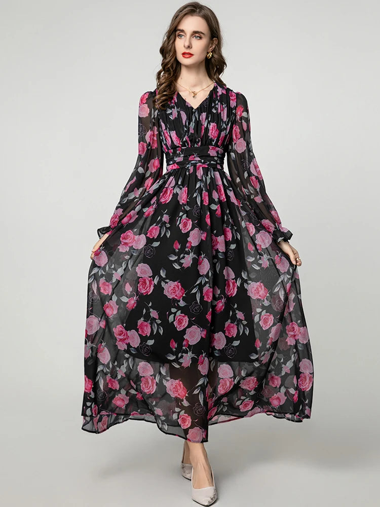 Eliana Vintage Rose Print V-Neck Dress