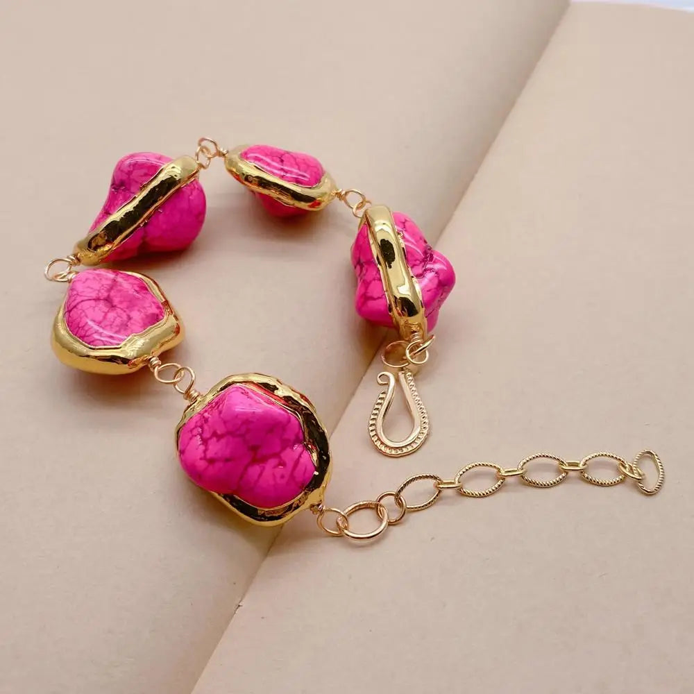 Pink Turquoise Freeform Shaped With Gold Plated Bezel Beaded Bracelet