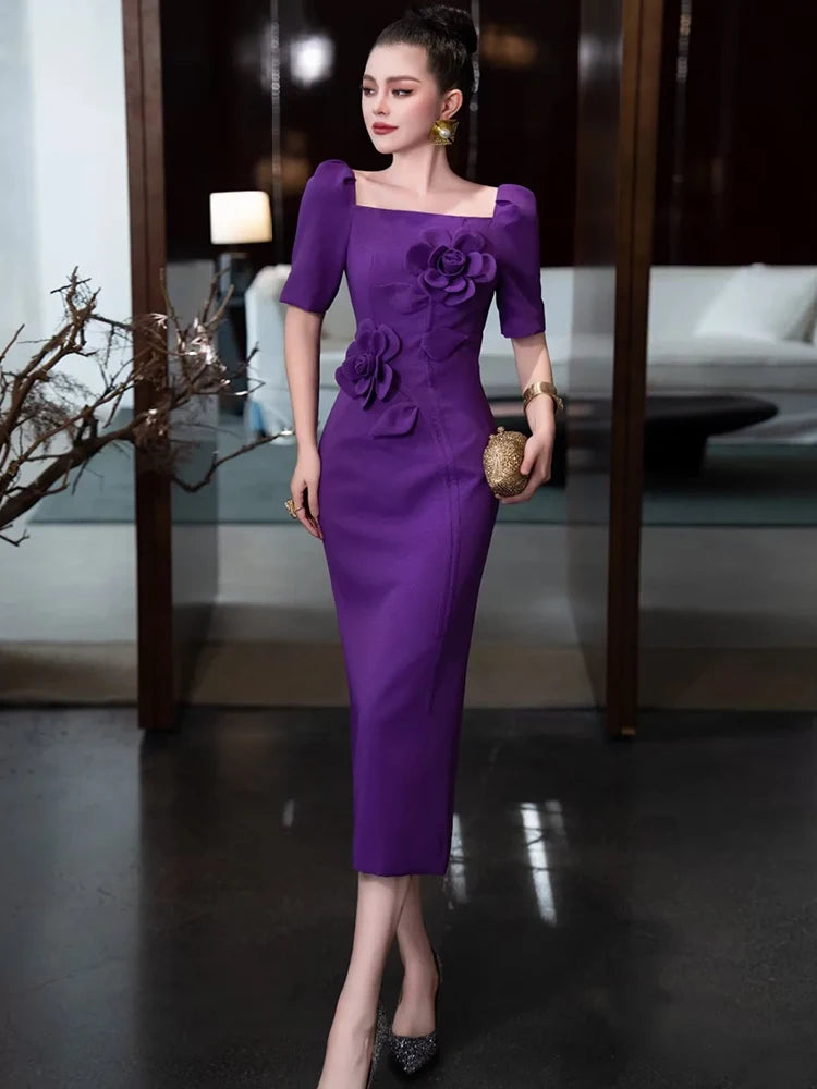 Valentina Square Collar Short Sleeve Appliques Solid Color Office Lady Pencil Dress