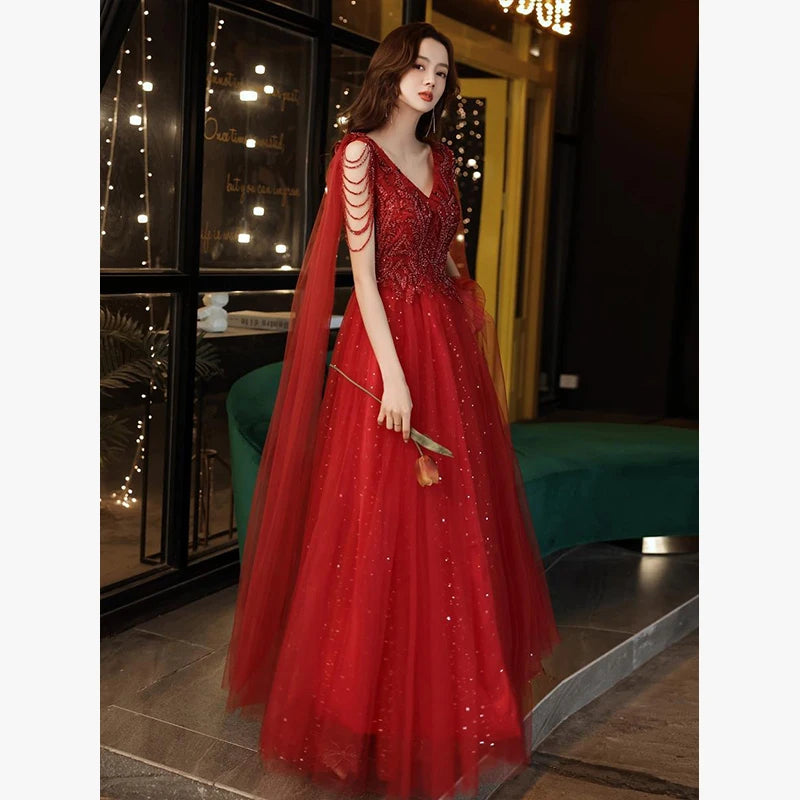 Jheanx Sexy V-neck Ball Gown Wedding Evening Party Summer Dress French Red Sequined Bride Wedding Dress Women Formal Vestidos