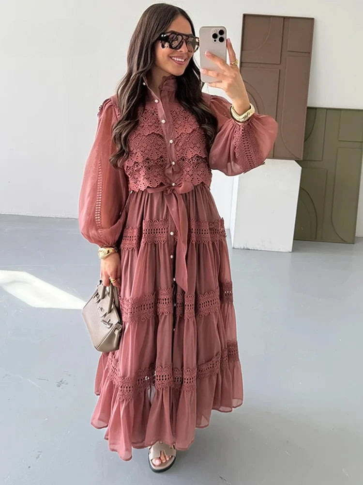 Elizabeth Hollow Out Long Lantern Sleeves Lace Up Pearl Single Breasted Dress