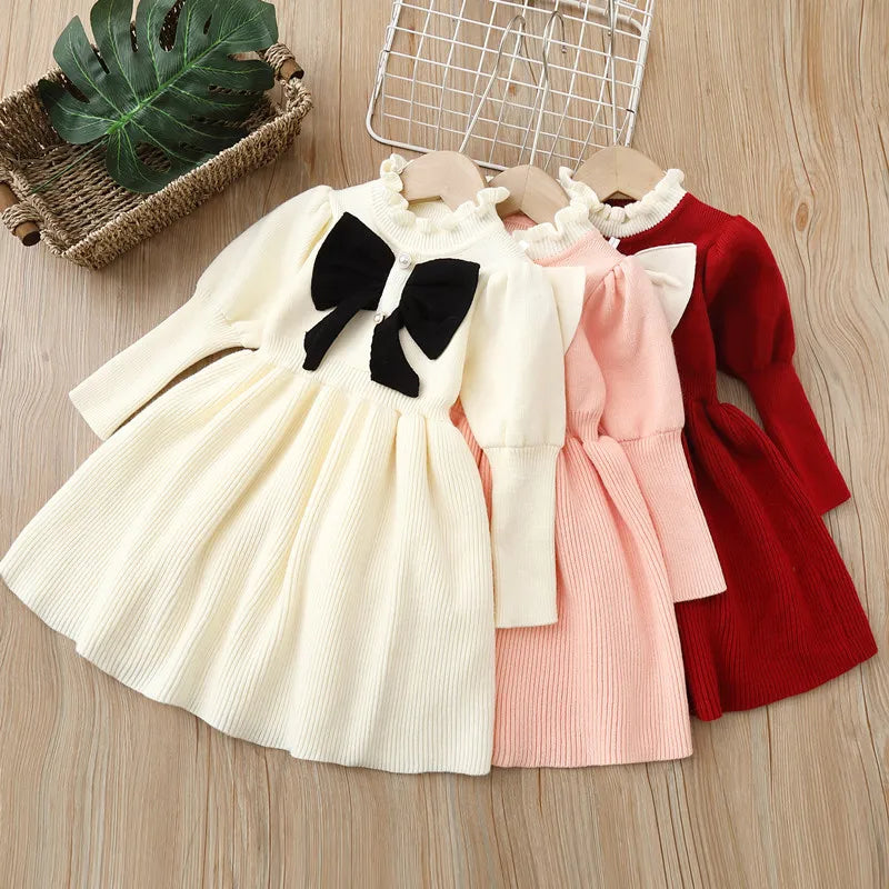 Knitted Jumpsuit Bow Fashion Long Dress for Kids Girls