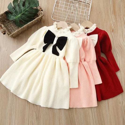 Knitted Jumpsuit Bow Fashion Long Dress for Kids Girls