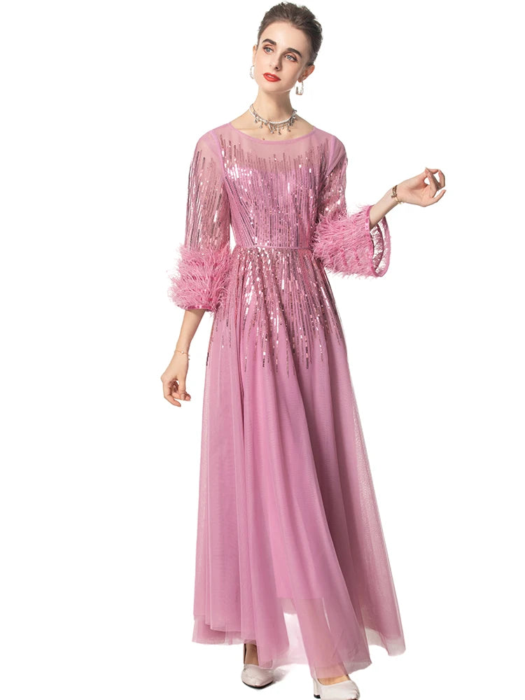 Milan Feathers 3/4 Sleeves Elegant Maxi Dress