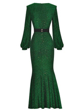 Load image into Gallery viewer, Louisa Sequins Belt Diamond Fold Lantern Sleeve Dress