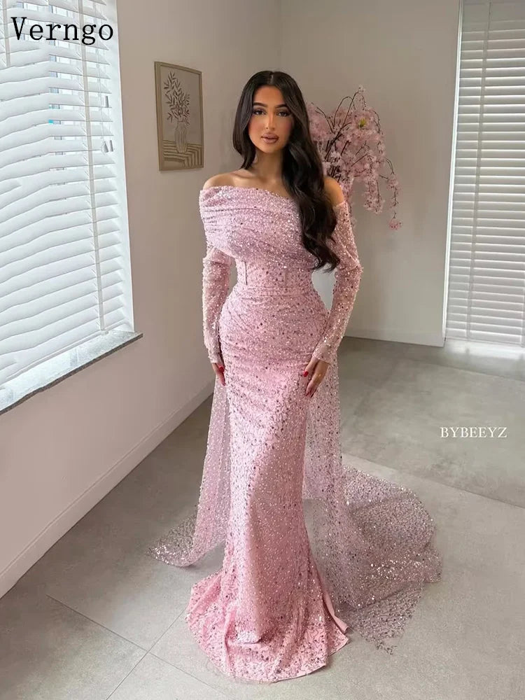 Nala Pink Sequined Evening Dress Off The Shoulder Full Sleeves Formal Occasion Dress