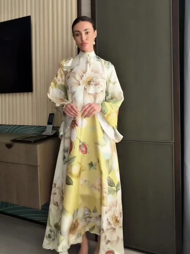 Fiona Floral Print Button Down Mock Neck Maxi Long Lantern Sleeve Dress