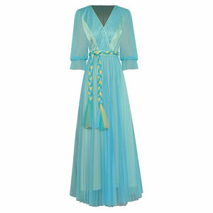 Liesel Mesh Long V-Neck Half Sleeve Lace Up Dress