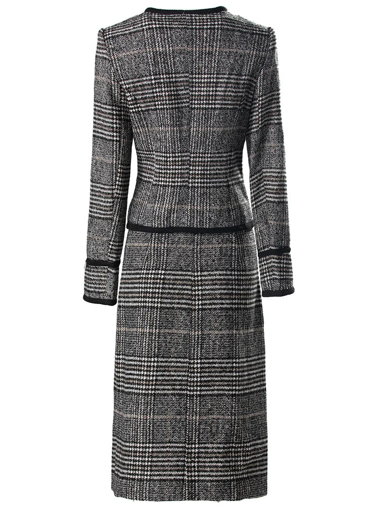 Danielle Plaid Tweed Suit Women O-Neck Double Breasted Jacket+Pencil Skirt Office Lady Two Piece Set