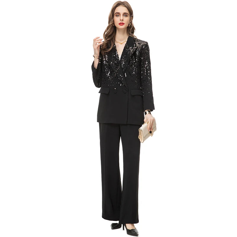 Delola Office Lady Suit Collar Long-Sleeved Sequin Suit Jacket+Wide Leg Pants 2-Piece Set