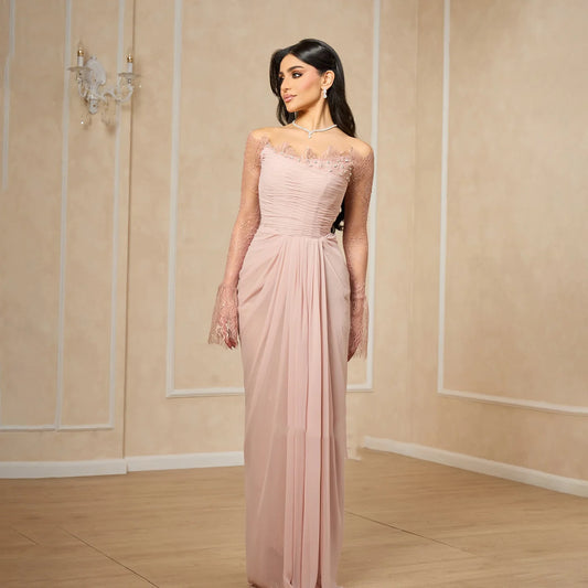 Karzen Pink Lace Off Shoulder Evening Dress