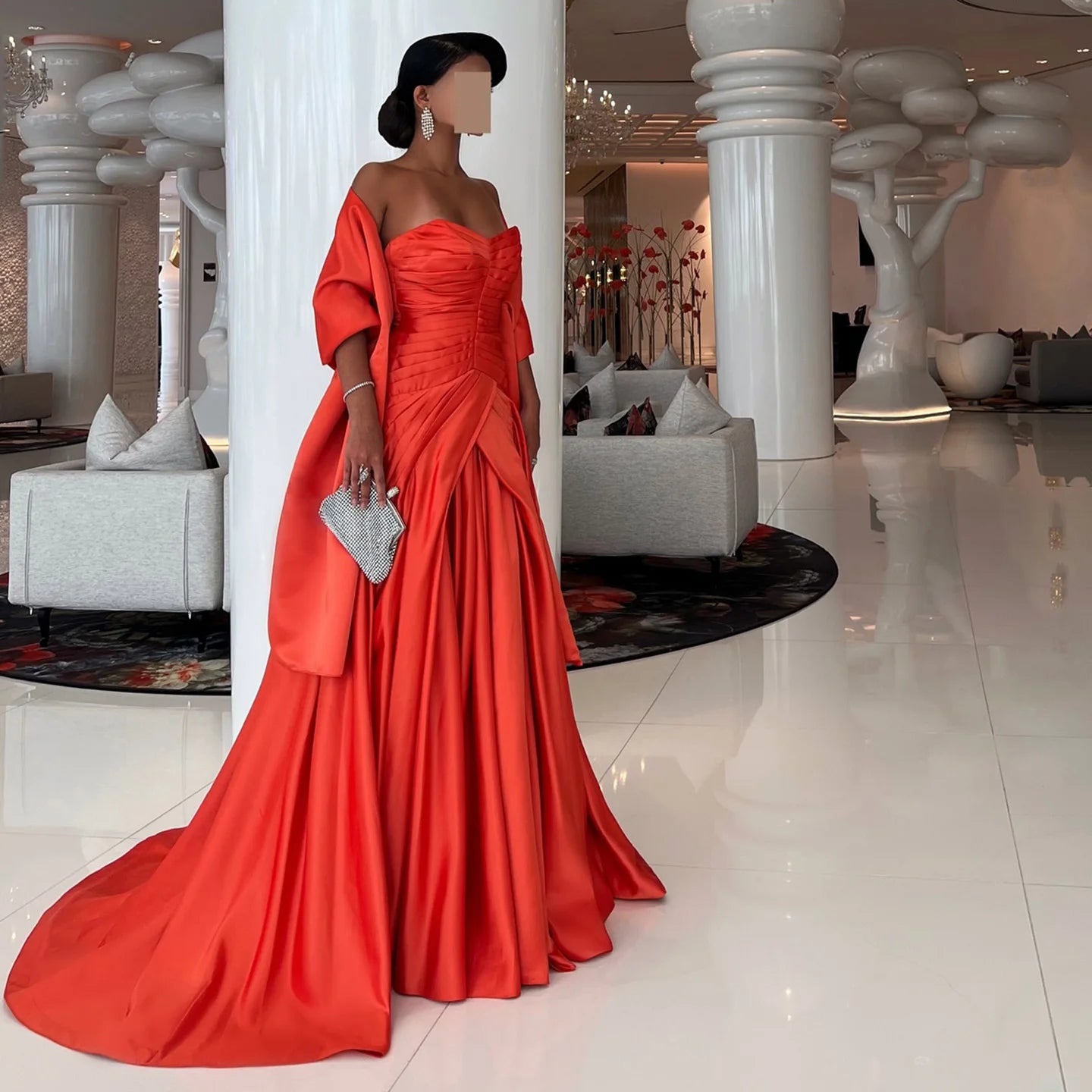 Shiela Orange Dubai Elegant Strapless Evening Dress with Overskirt Cape
