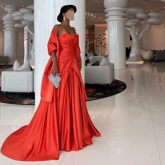 Shiela Orange Dubai Elegant Strapless Evening Dress with Overskirt Cape