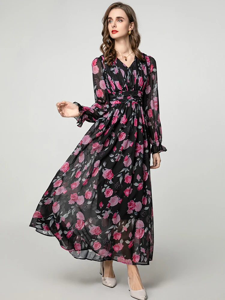 Eliana Vintage Rose Print V-Neck Dress