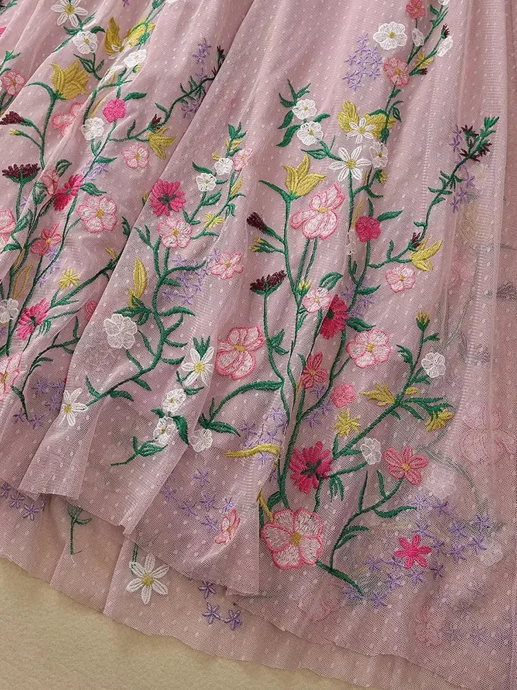 Sylvie Pink Mesh Flowers Embroidery Vintage Party Long Dress