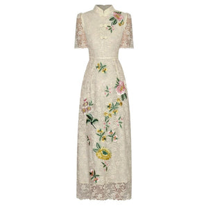 Arabella Early Autumn Lace Short Sleeve Flower Embroidery Chinese Style Pencil Dress