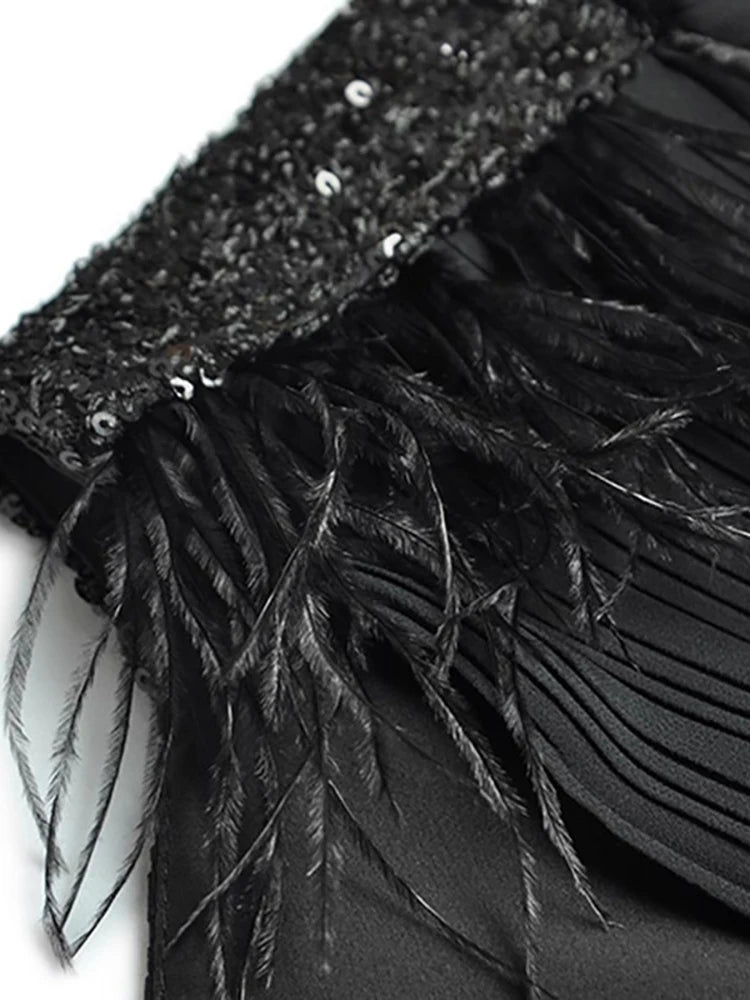 Eleanor  V-Neck Lantern Sleeve Feathers Sequins Patchwork Elegant Party Pleated Black Dress