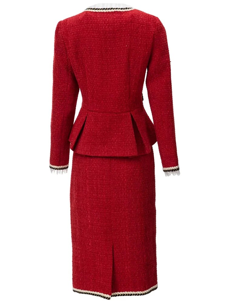 Avianna Autumn Tweed Suit Women Bow O-Neck Long Sleeve Slim Jacket + Pencil Skirt Vintage 2 Piece Set
