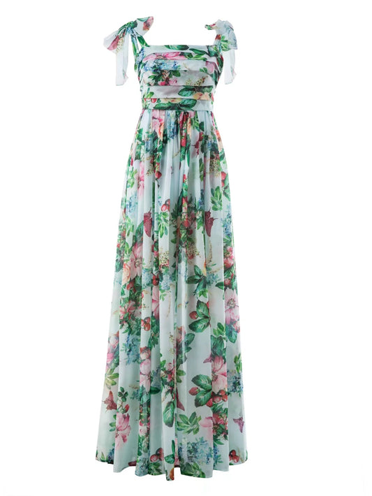 Marisol Maxikleid für Damen, Chiffon, Schleife an der Schulter, Bohemian-Stil, Blumendruck, elegantes langes Urlaubskleid