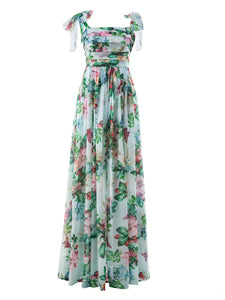 Marisol Maxi Dress Women Chiffon Bow-knot shoulder Bohemian Floral print Holiday Elegant Long Dress