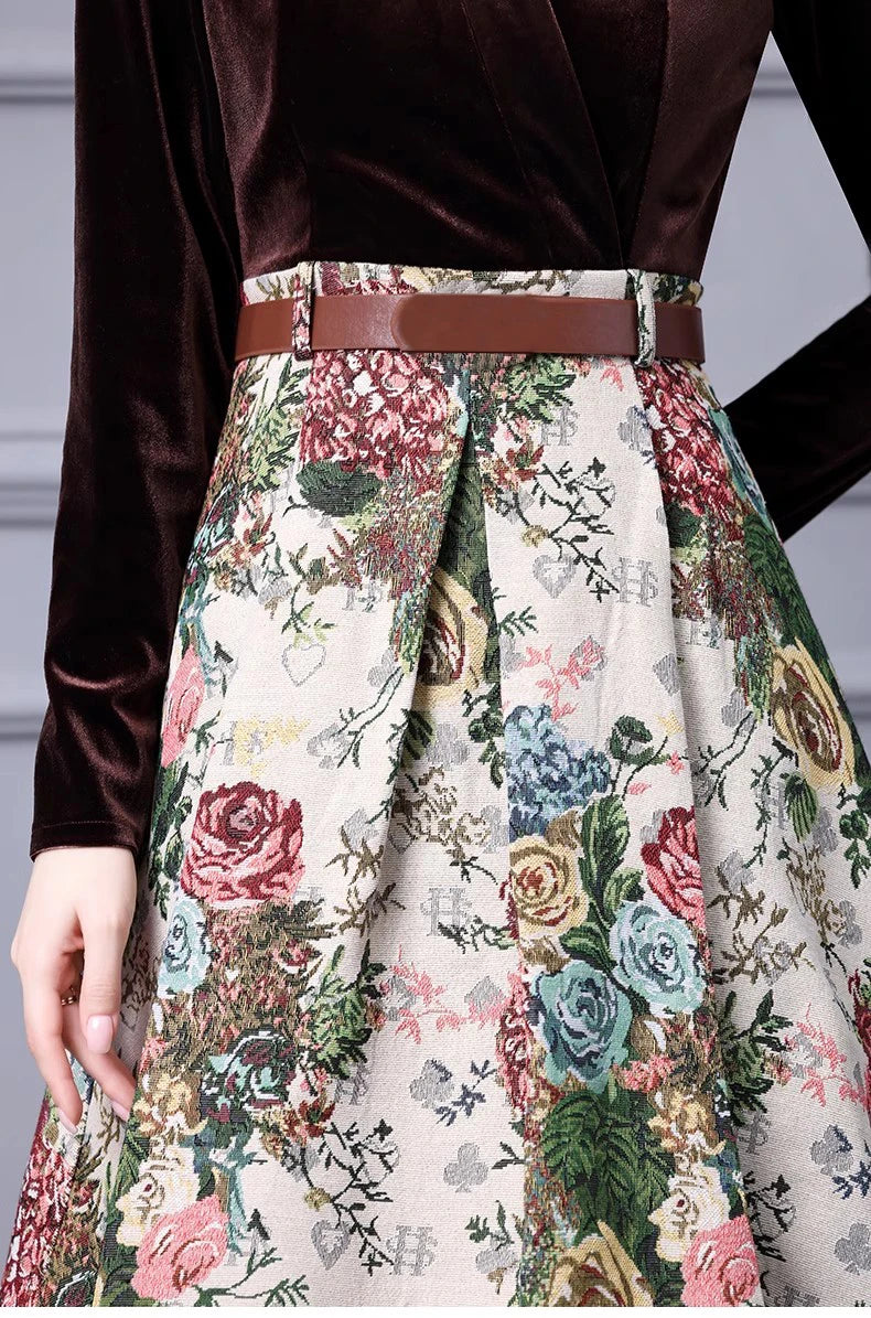 Esme Lace up Velvet patchwork Jacquard Vintage Ball Gown Dress