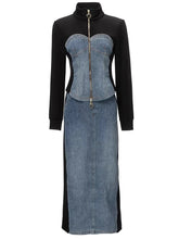 Load image into Gallery viewer, Raina Denim Patchwork Suit Women Stand Collar Long Sleeve Coat+Pockets Pencil Skirt High Street 2 Piece Set