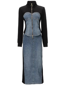 Raina Denim Patchwork Suit Women Stand Collar Long Sleeve Coat+Pockets Pencil Skirt High Street 2 Piece Set