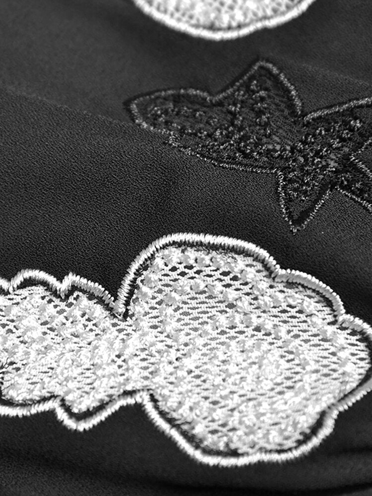 Valentina Frühherbstkleid Damen V-Ausschnitt Langarm Stickerei Gürtel Vintage Party Schwarzes Kleid