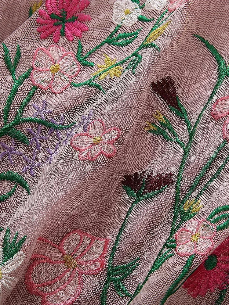 Sylvie Pink Mesh Flowers Embroidery Vintage Party Long Dress