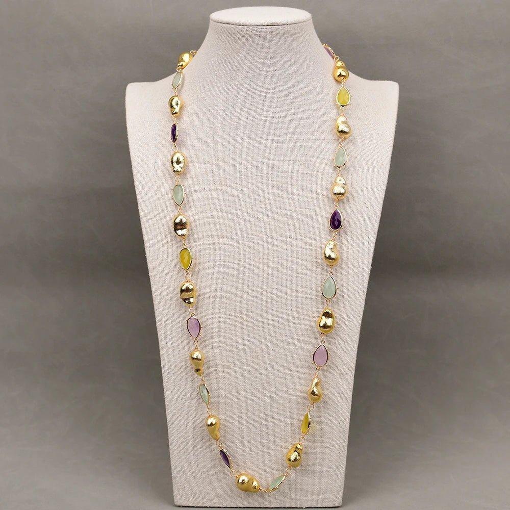 35'' Natural Gems Stone Fluorite Lemon Quartz Amethyst Jade Long Necklace