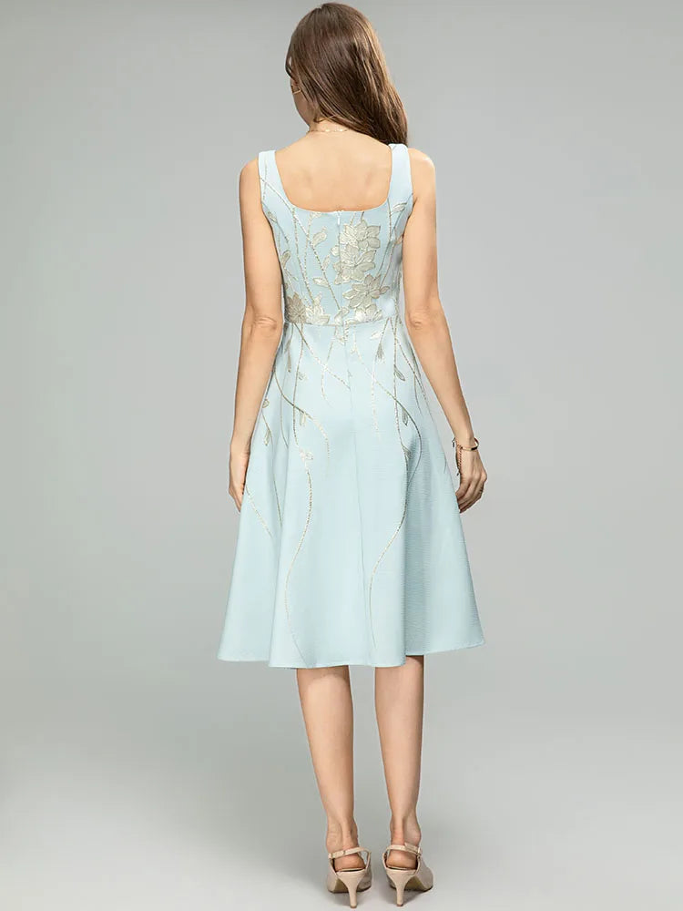 Paulina Spaghetti Strap Crystal Jacquard Crystal Beading High Waist Knee-Length Dress