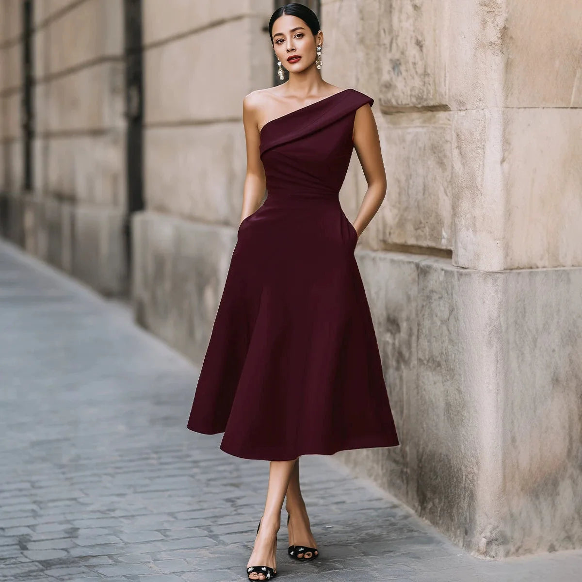 Wenny Off-shoulder Solid Color High Waist Slimming Simple Temperament A-line Skirt