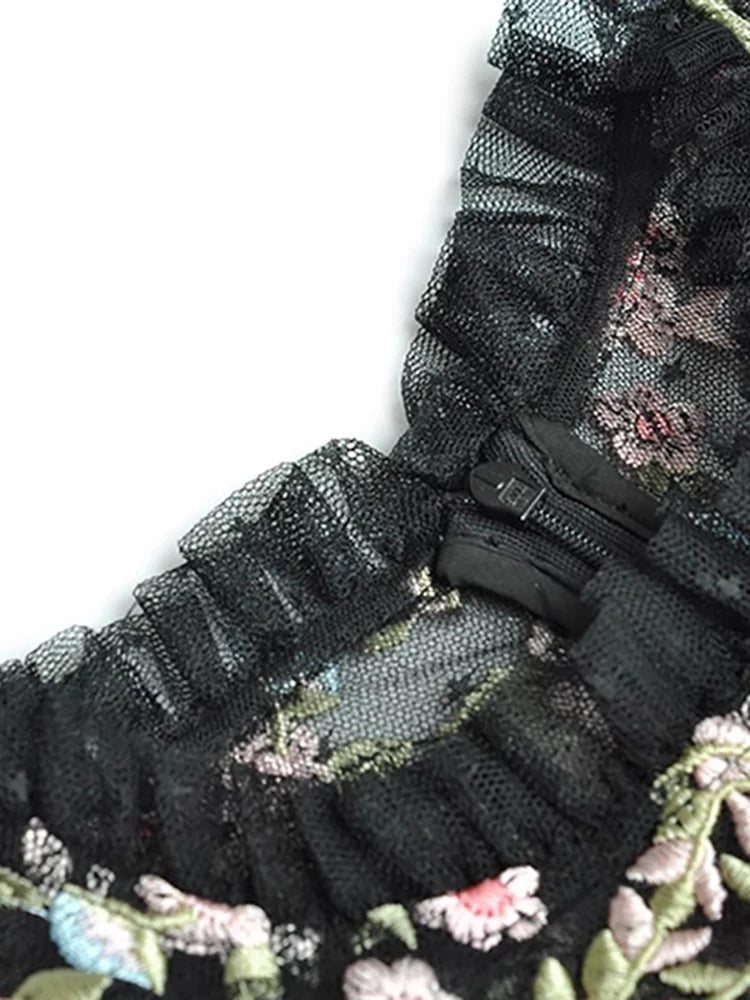 Joyce Mesh O-Neck Lantern Sleeve Floral Embroidery Black Vintage High Waist Dress